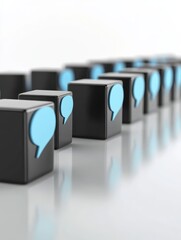 Poster - Row of monochrome chat icons interrupted by blue speech bubble cube, representing standout communication, unique voice, effective messaging, and leadership in conversation