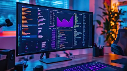 Aufkleber - A modern workspace features a large monitor displaying code, analytics, and graphs with colorful ambient lighting.