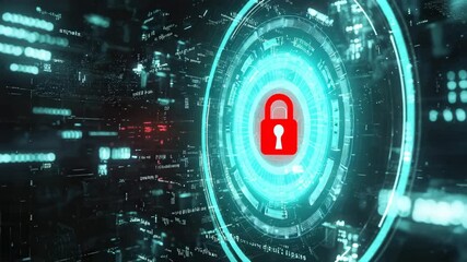Poster - A glowing red padlock icon is surrounded by intricate digital circuitry and data streams, symbolizing cyber security and data protection.