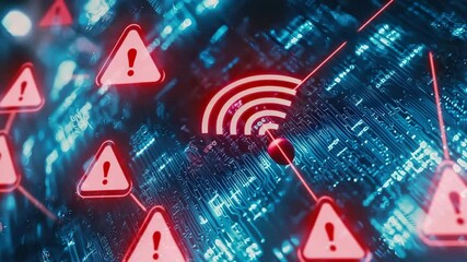 Poster - A glowing red WiFi symbol stands out on a futuristic blue circuit board background, representing wireless technology.