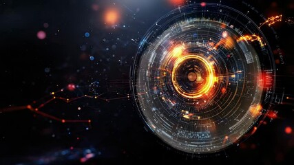 Poster - A glowing futuristic digital interface with intricate circular graphs and abstract data visualizations in a dark space.