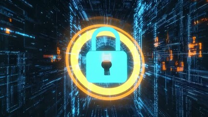 Poster - A glowing padlock symbol is centered within a digital tunnel, representing cybersecurity and data protection.