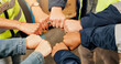 © peopleimages.com - Construction, team and hands of people with fist bump for solidarity, collaboration and connection. Engineering, building warehouse and workers together for infrastructure, cooperation and support