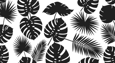 Poster - Black and white tropical leaves pattern wallpaper background monstera palm leaf design seamless vector art 100 editable stock vector illustration