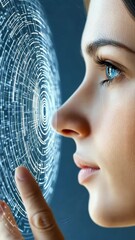 Poster - A young woman reaches out to touch a luminous digital display filled with intricate patterns, showcasing technology and innovation