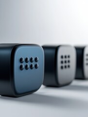 Poster - Row of monochrome chat icons interrupted by blue speech bubble cube, representing standout communication, unique voice, effective messaging, and leadership in conversation