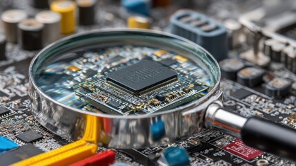 Poster - A detailed examination of a microchip on a circuit board, highlighted by a magnifying glass. The image captures intricate components in a bustling tech workshop environment.