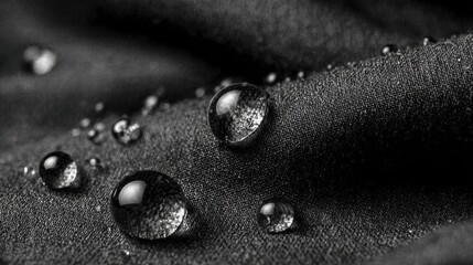 Poster - Several clear water droplets are balanced on a dark, textured fabric, reflecting light beautifully. This close-up captures the intricate details of the material's surface.