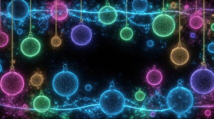 Poster - Bright, colorful ornaments dangle in various sizes and hues against a dark backdrop, creating a lively and festive ambiance ideal for holiday celebrations and special events.