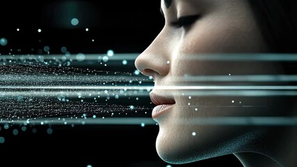 Poster - A close-up view of a woman's profile surrounded by dynamic particles, highlighting the fusion of technology and human expression