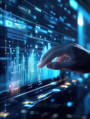 Poster - A hand analyzing glowing 3D bar charts on a reflective digital surface futuristic office neon blue and white colors high tech setting.
