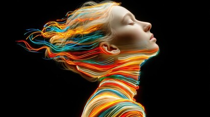Poster - A woman poses with her eyes closed, showcasing colorful light trails that swirl around her head and neck, capturing motion and emotion in an abstract representation of beauty.