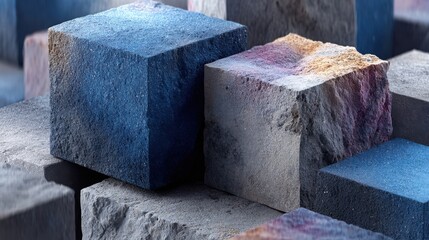 Poster - A variety of stone blocks in different colors and textures are stacked together, showcasing their rugged surfaces and natural beauty. This arrangement is ideal for design inspiration.