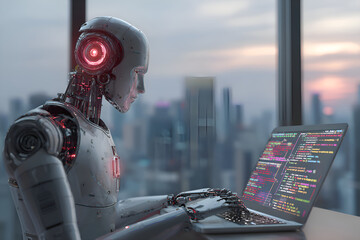 Poster - Robot programming futuristic software on laptop in office at sunset
