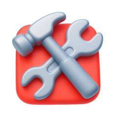 Aufkleber - 3d plastic icon illustration of tools including a hammer and wrench on a vibrant red background, representing construction and repair concepts effectively.