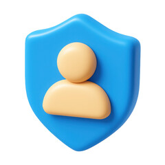 Poster - 3d icon in plastic style representing user profile protection, showcasing a shield design with a user silhouette, emphasizing safety, security, and digital identity management.