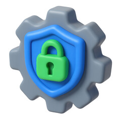 Poster - 3d icon of a gear with a shield and lock symbol, representing cybersecurity and protection in a modern digital landscape
