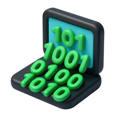 Poster - 3d icon of a computer screen displaying green binary code on a dark background illustrating digital data processing and technology concepts