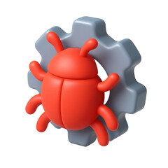 Poster - 3d icon of a red bug standing on a gray gear symbolizing technology, innovation, and problem-solving in a fun, plastic style