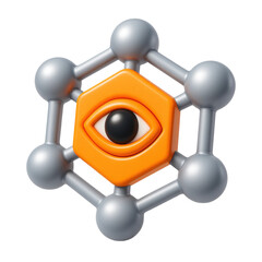 Poster - 3d icon in plastic style featuring an eye symbol surrounded by a hexagonal structure, representing vision and innovation in technology and design