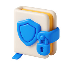 Poster - 3d icon of a secured book with a shield and lock, representing data protection and security, ideal for technology and digital safety concepts.