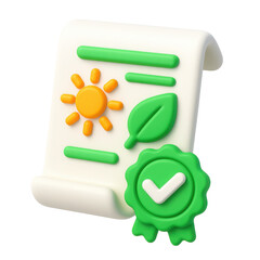 Poster - 3d icon representing environmental certification with sun and leaf symbols in plastic style showcasing renewable energy and ecological awareness.