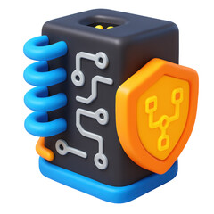 Poster - 3d icon in plastic style depicting a computer component with circuits and a shield for technology-related themes or digital security concepts