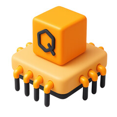 Poster - 3d icon in plastic style featuring a vibrant orange chip of quantum computer, design with a stylized letter, representing technology, innovation, and creativity in digital art.