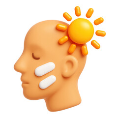 Poster - 3d icon of a human head with a sun symbolizing energy, mental health, and positivity, showcasing modern design elements in a plastic style