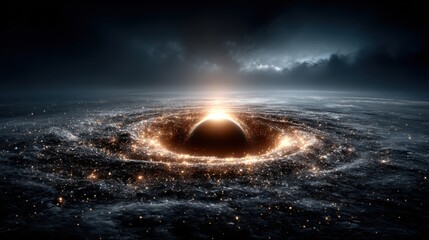 Wall Mural - a black hole captivates with a radiant ring of light surrounded by swirling cosmic matter. stars gli