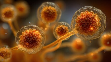 Poster - Vibrant microbial cells exhibit intricate structures and colors, showcasing their growth and interaction in a lively microbial environment filled with energy.