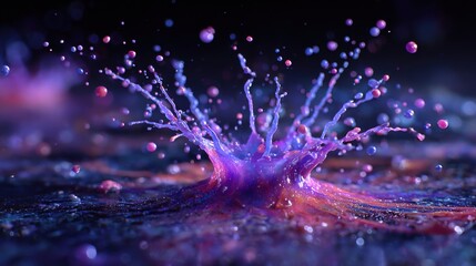 Poster - A lively splash of water erupts, scattering colorful droplets into the air. The dark backdrop enhances the brilliant hues of purple and pink, emphasizing the dynamic movement.