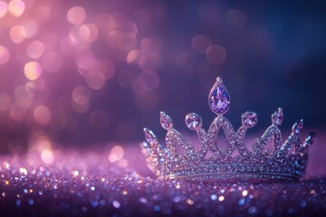Poster - Sparkling tiara resting on a glittery surface with bokeh effects during a celebration, Sparkling tiara on glittery background with bokeh effect
