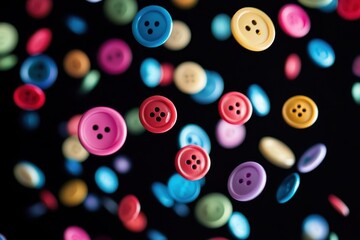 Poster - Colorful buttons cascade against a dark background, creating a vibrant and playful visual effect, Colorful buttons falling on black background, Ultra Slow Motion