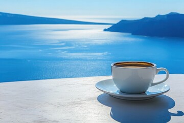 Wall Mural - Enjoying morning coffee with a breathtaking seaside view in Santo, Morning Coffee with a Stunning Seaside View in Santorini, Greece