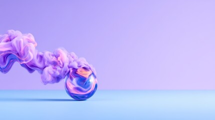 Poster - Colorful swirls of smoke emerging from a glossy marble sphere on a soft pastel background in purple and blue shades