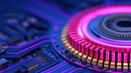 Poster - Abstract close-up of a futuristic circuit board with vibrant neon colors and a shining metallic component in blue and purple hues