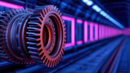 Poster - Abstract representation of a mechanical gear in a futuristic environment with neon lights and industrial aesthetics