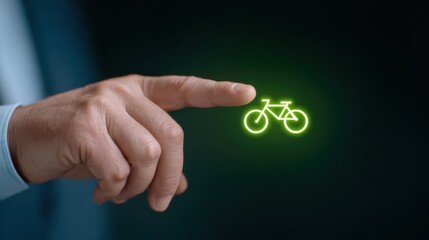 Poster - Hand Selecting Neon Bicycle Icon on Dark Background, Symbolizing Eco-Friendly Transport and Urban Mobility Solutions