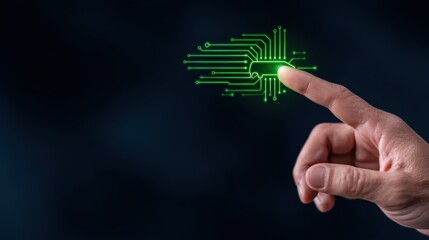 Poster - Hand Touching Green Circuit Board Interface Representing Technology and Innovation in Digital Communication Systems