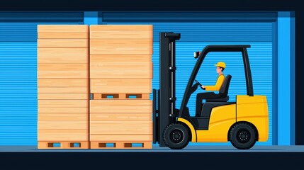 Poster - Forklift Operator Handling Wooden Pallets in Warehouse with Blue Background and Industrial Environment