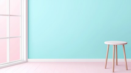 Aufkleber - Bright and Modern Interior Design with Pastel Color Walls and Simple Wooden Stool in a Light Room