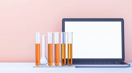 Poster - Laboratory Setup with Test Tubes, Beakers, and Laptop on a Minimalist Desk Against a Soft Pink Background