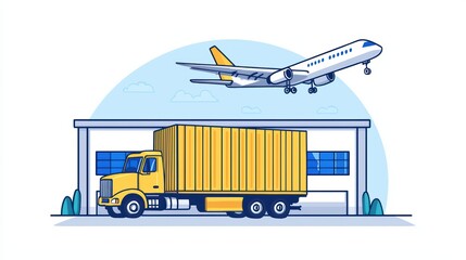 Poster - Delivery Services with Yellow Truck and Airplane in a Logistics Warehouse Setting