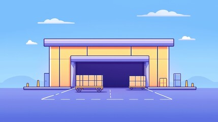 Poster - Colorful Modern Warehouse with Open Doors and Shipping Containers Under Clear Blue Sky