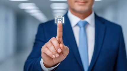 Poster - Business Man in Suit Touching Digital Lock Icon on Finger in Modern Office Space