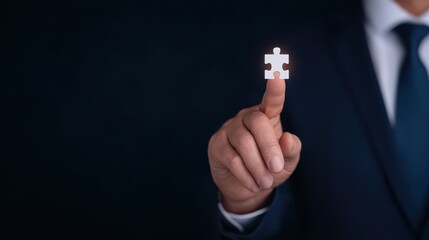 Poster - Businessman Holding a Single Puzzle Piece Symbolizing Problem Solving and Solution-Building in Corporate Context