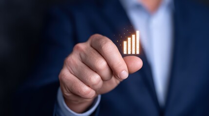 Poster - Businessman Holding a Rising Graph Icon Symbolizing Growth and Success in a Corporate Environment