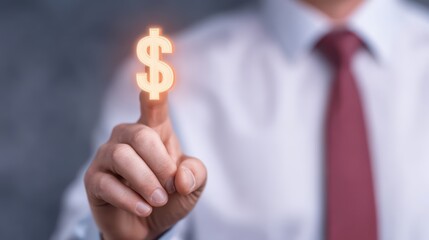Poster - Businessman Holding Finger Pointing to Dollar Symbol in Virtual Space for Finance, Investment, and Economic Concepts