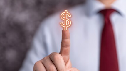 Poster - Businessman pointing at glowing dollar symbol, representing finance, success, and economic growth in a professional setting